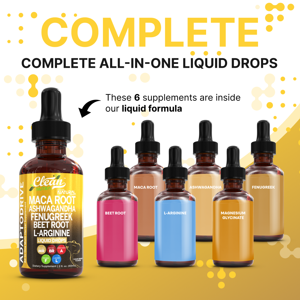 Clean Nutra Organic Maca Root Liquid Drops with Ashwagandha, Fenugreek, Beet Root and L-Arginine Liquid Multivitamin for Women and Men - Adapto Drive